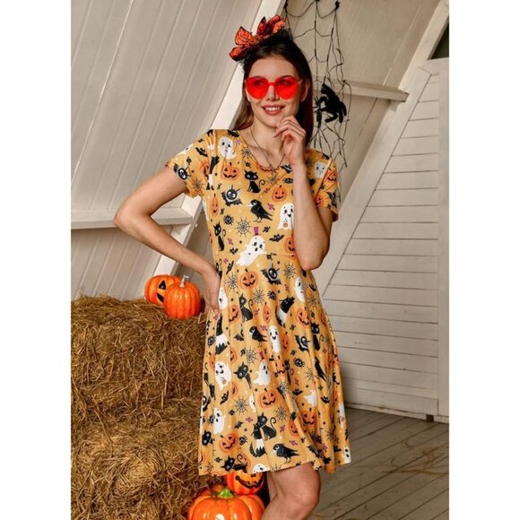 Women's Halloween Dress for Women Short Sleeves Printed Vintage Style Pumpkin - Picture 4 of 6
